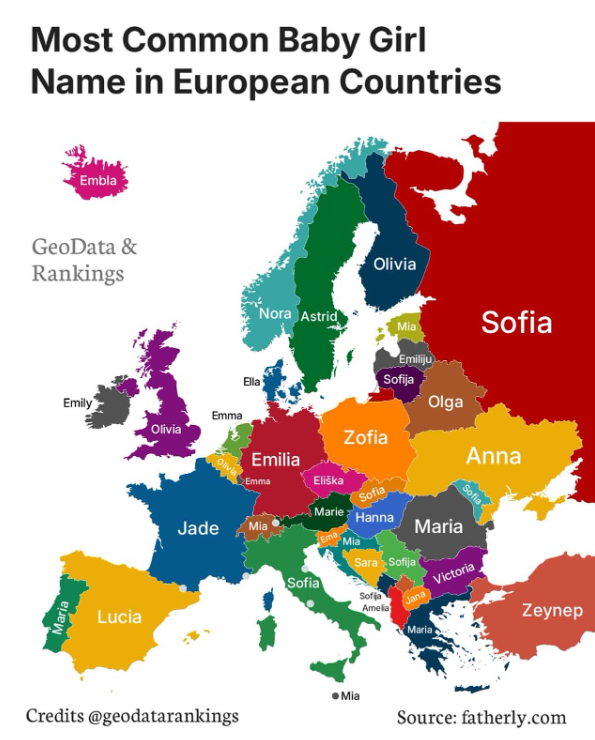 Как называют девочек в Европе: карта раскрыла самые популярные имена - фото 2 Как называют девочек в Европе: карта раскрыла самые популярные имена - фото 2