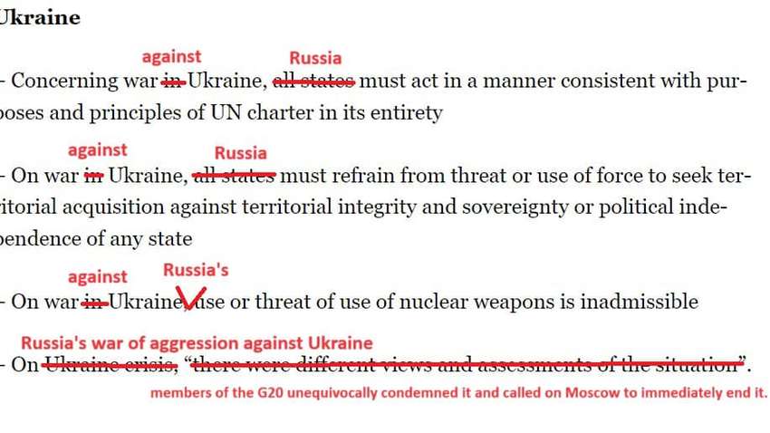 Україна розкритикувала декларацію G20 про війну 