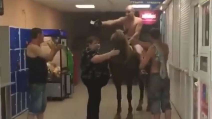 В одних трусах и на коне: в Киеве сняли необычного покупателя в супермаркете (ВИДЕО)