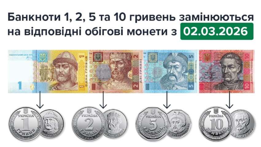 Наличные деньги меняется навсегда: со 2 марта 2026 года 1, 2, 5 и 10 гривен в банкнотах исчезнут из обращения Наличные деньги меняется навсегда: со 2 марта 2026 года 1, 2, 5 и 10 гривен в банкнотах исчезнут из обращения