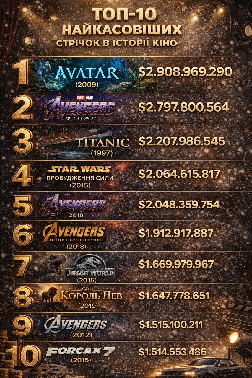 ТОП-10 самых кассовых фильмов в истории кино: какие ленты вошли в рейтинг (ИНФОГРАФИКА)   