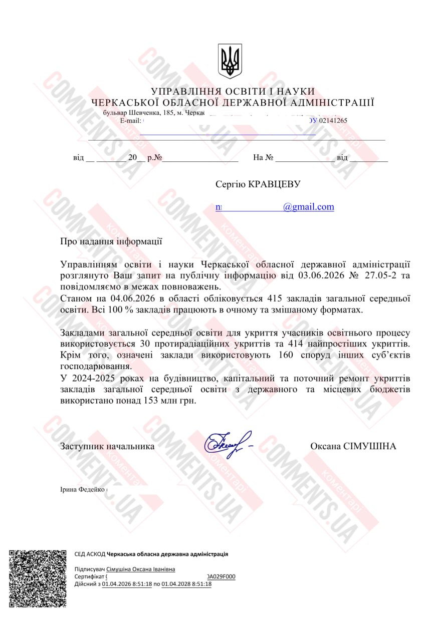Черкащина відкрила карти: скільки шкіл реально готові до повітряних тривог - фото 2 Черкащина відкрила карти: скільки шкіл реально готові до повітряних тривог - фото 2