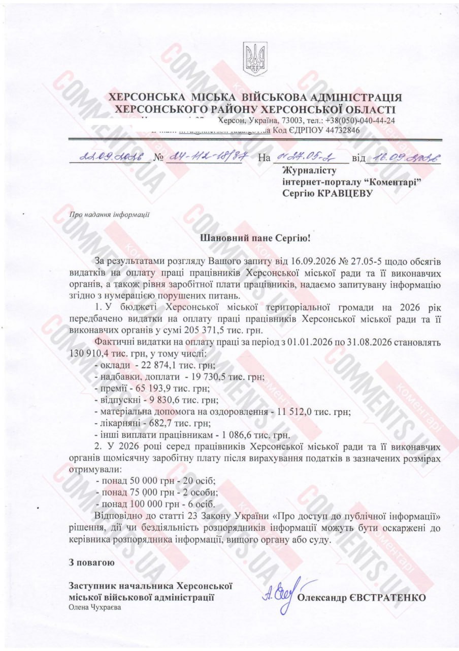 Сколько Херсон тратит на зарплаты: кто из чиновников получает больше 100 тысяч - фото 2 Сколько Херсон тратит на зарплаты: кто из чиновников получает больше 100 тысяч - фото 2