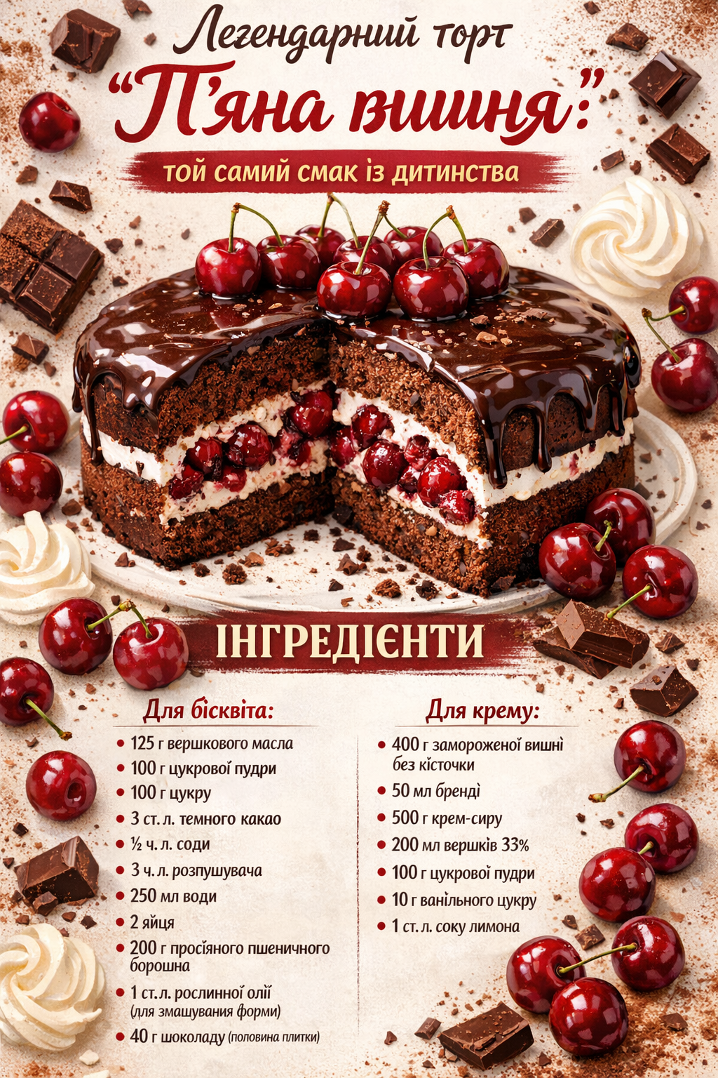 Шоколад, вишня и немного секрета: торт «Пьяная вишня», покоряющий из первого куска